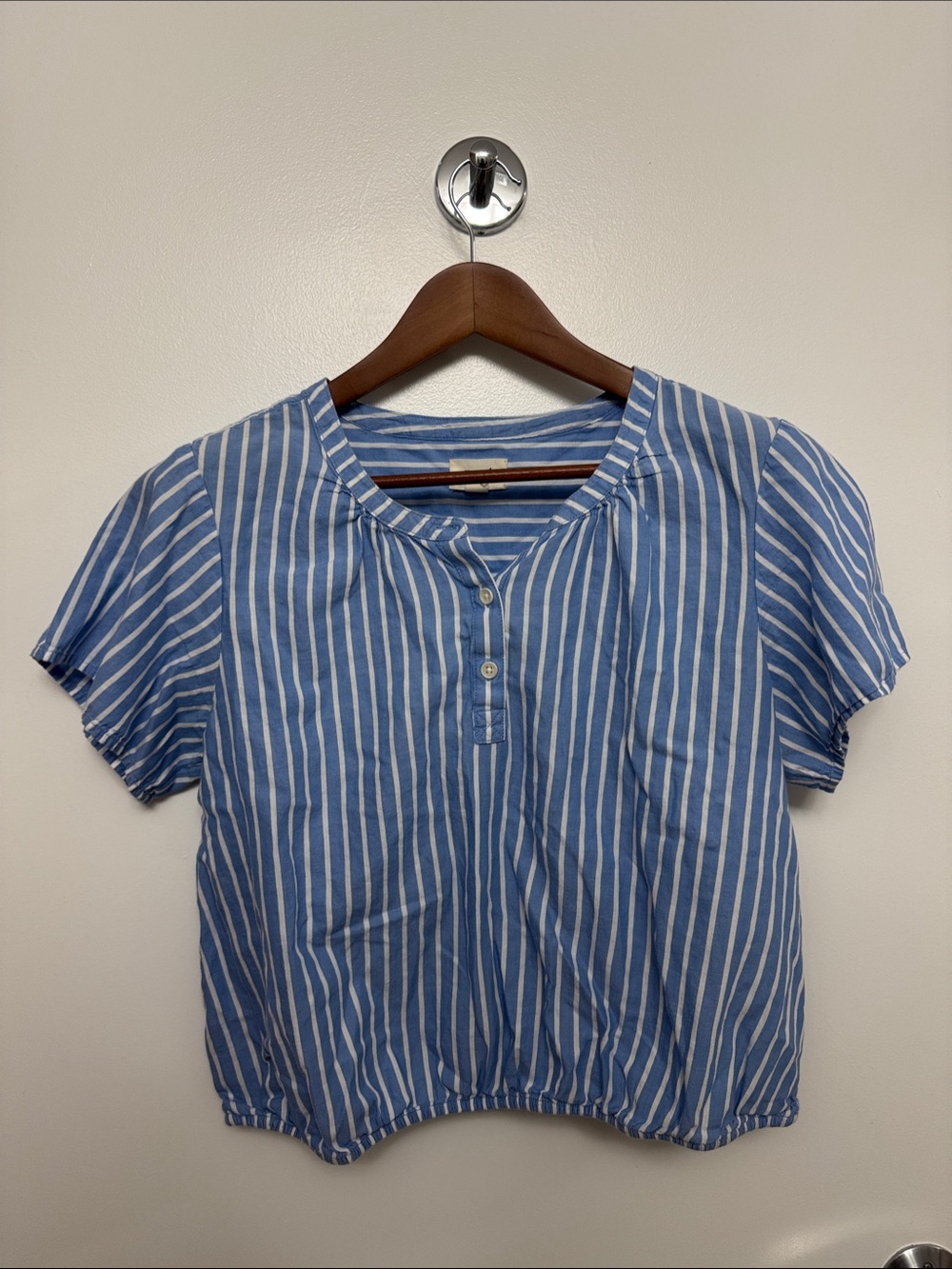 Pact Blue and White Striped Short-Sleeve Blouse